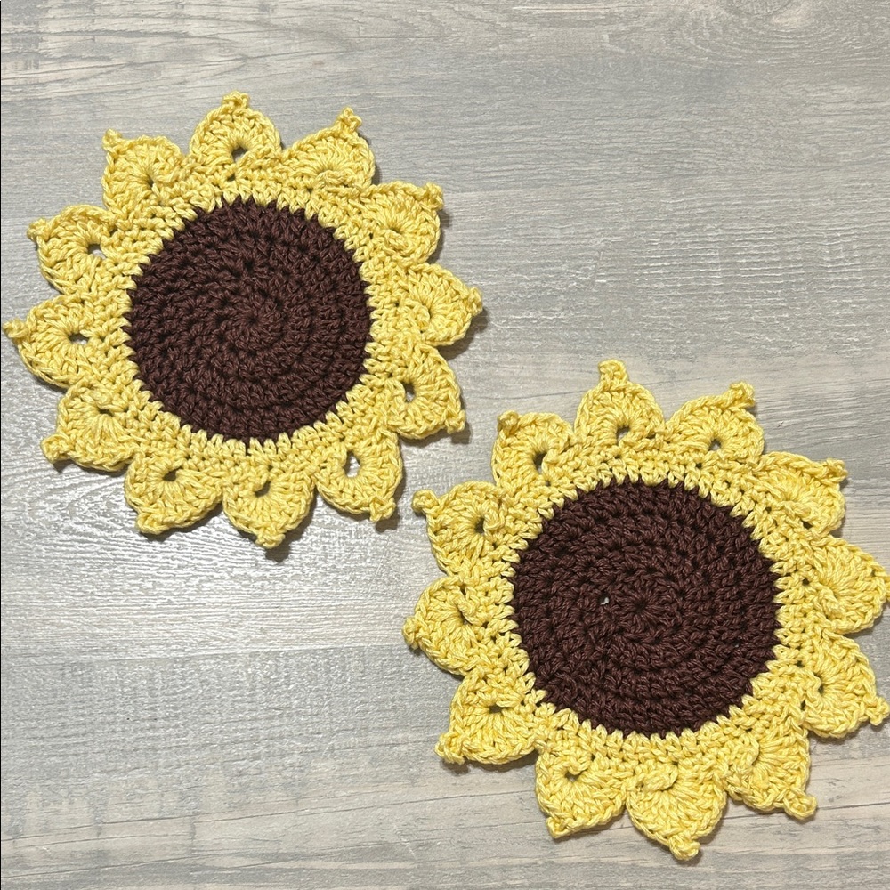 Handmade Crochet Sunflower Coasters - Set of 2 - Multi-Purpose Home Decor